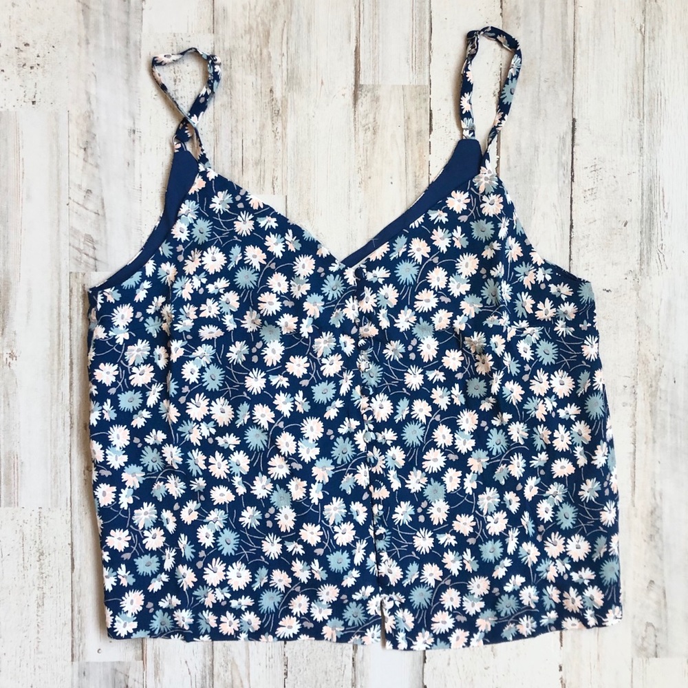 Madewell Blue Floral Button Crop Tank Top